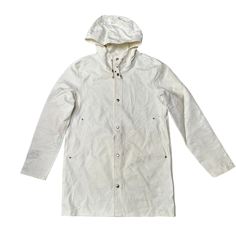 Stutterheim Goteborg Coat Raincoat Womens XS White Hooded Waterproof Snap Front